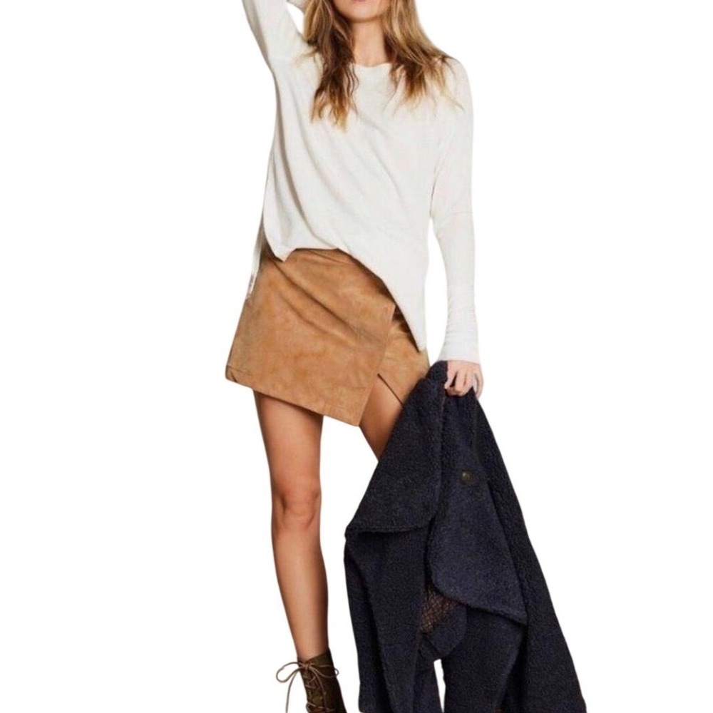 NWT Free‎ People Ari Wrap Mini Skirt Camel Faux Suede Buckle 12 Boho Festival